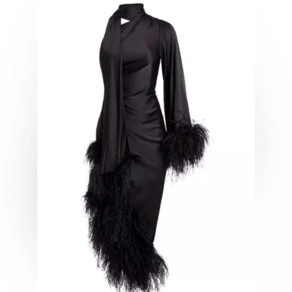 💕PRICE IS FIRM💕PatBo Oscar One-shoulder Ostrich Feather trimmed  Dress In black